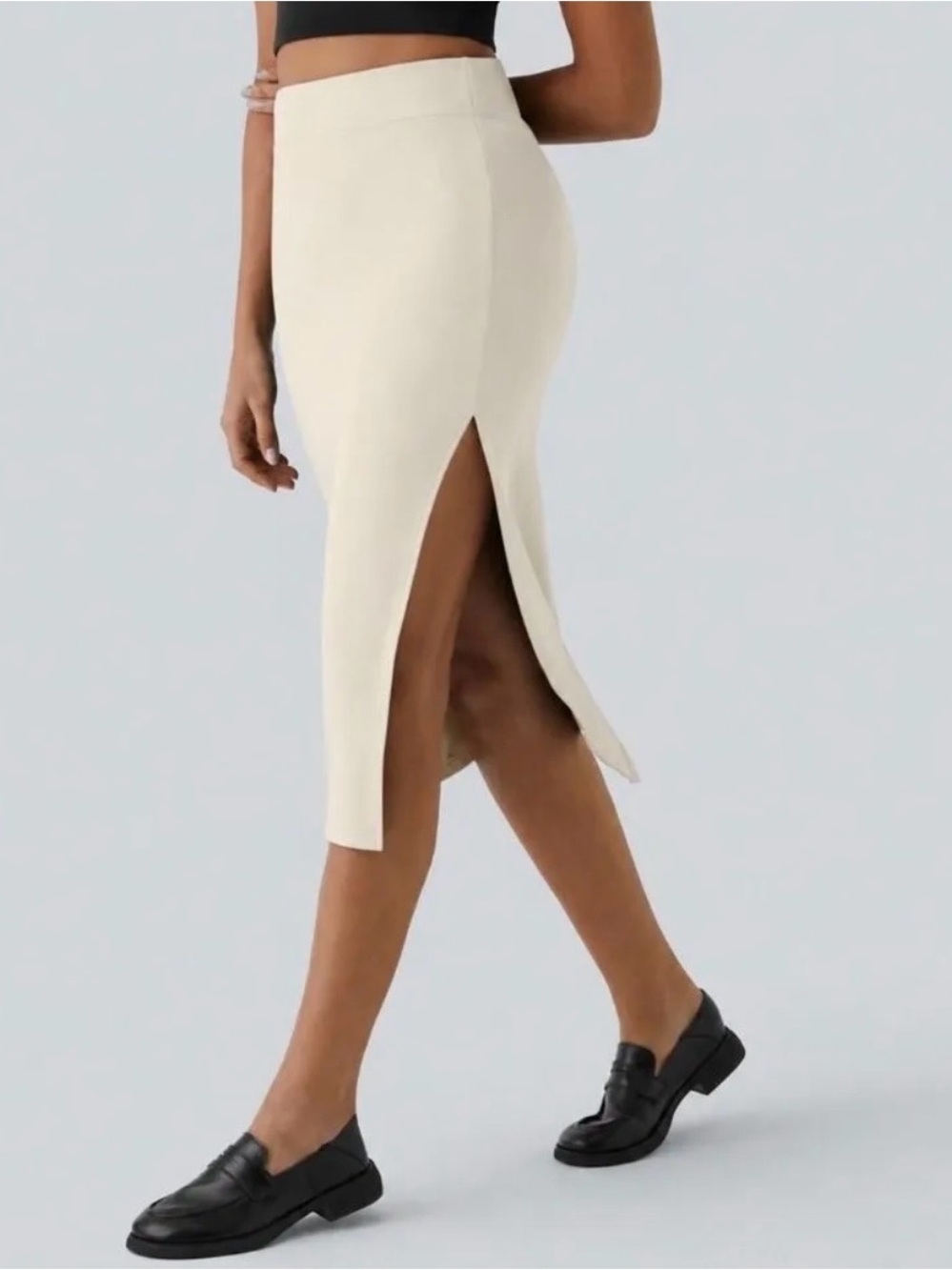 Halara Ribbed High Waisted Split Bodycon Midi Casual Skirt Ivory